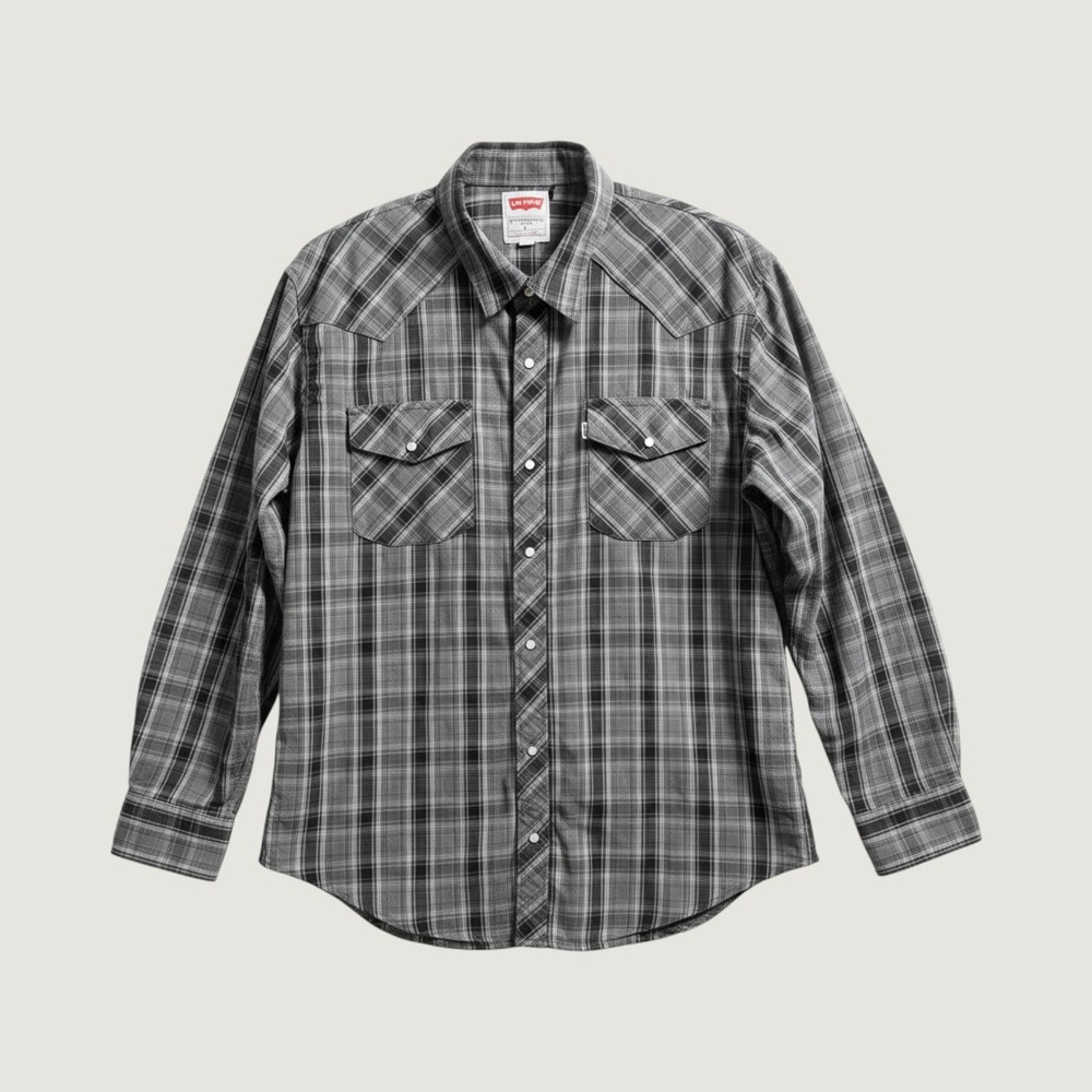 Levis Mens Western Pearl Snap Plaid Shirt Black Grey Regular Fit L 3LMLW0073